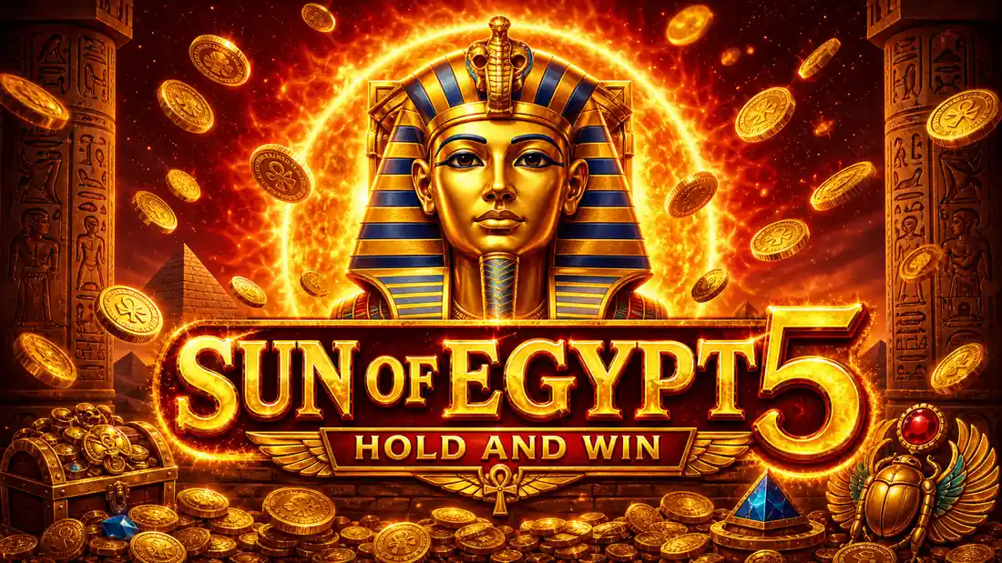 Sun of Egypt 5 slot o'yini ekrani — Qadimgi Misr piramidasi fonida 5x3 barabanlar
